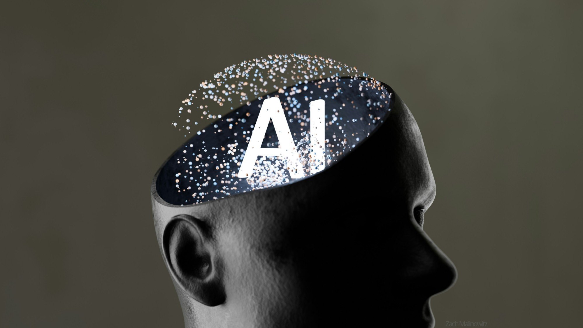 Sculpted head with the top open and the letters AI glowing inside, for a guide to the AI subscription tax relief in Malaysia by Carmen Lee, ClimbX Academy