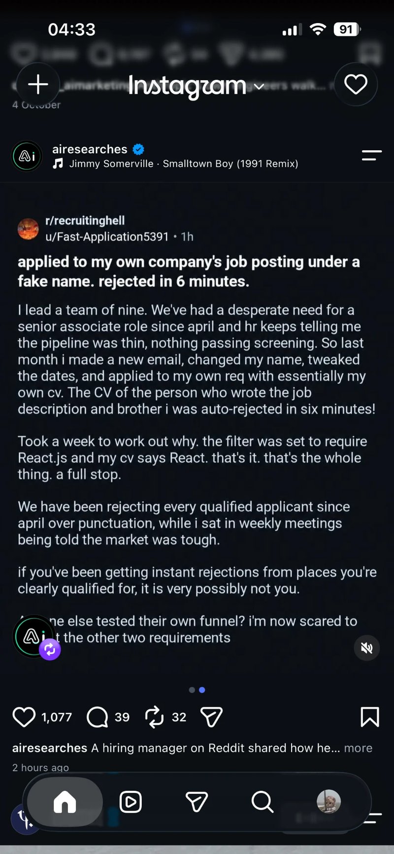 Screenshot of a Reddit r/recruitinghell post, shared on Instagram, titled “applied to my own company’s job posting under a fake name. rejected in 6 minutes.”